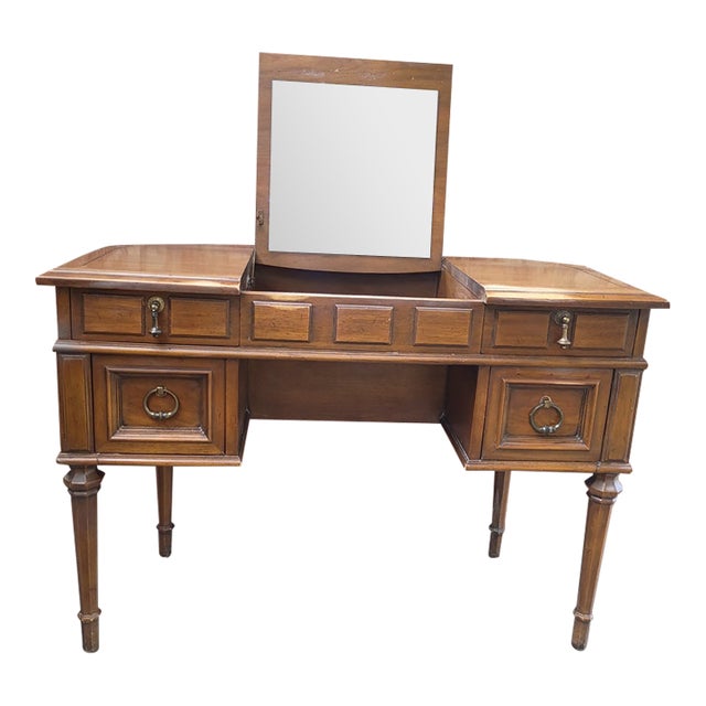Vintage 1960s Drexel Esperanto Poudre Pecan Wood Vanity With Lift-Up Mirror For Sale