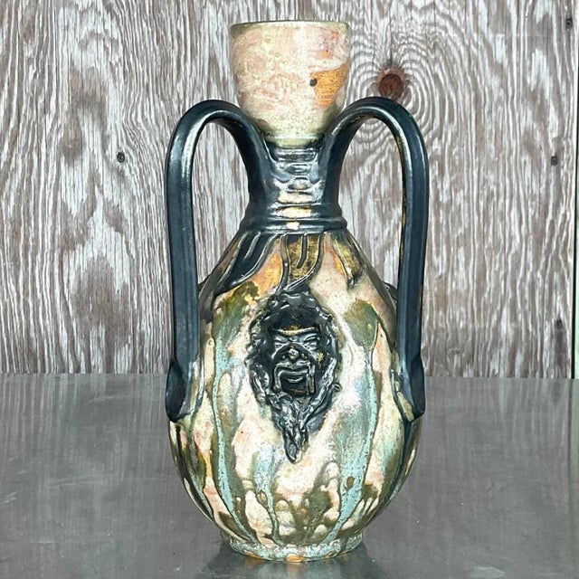 This striking late 20th-century studio pottery vase by Sylvain Subblet embodies the essence of Boho artistry. The two-...