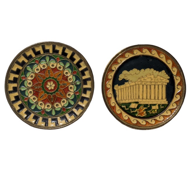 Vintage Greek Parthenon Enameled Brass Decorative Wall Hangings- Set of 2 For Sale - Image 11 of 12
