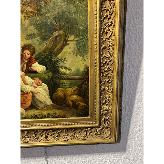 Green Antique Oil Painting Romantic Pastoral Scene 19th Century French Classical Art For Sale - Image 8 of 12