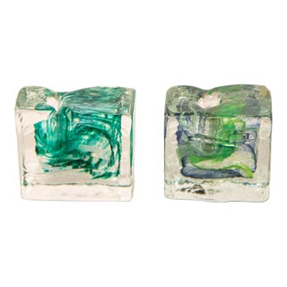 Vintage Kerry Irish Art Glass Ice Block Votive Candle Holders a Pair For Sale