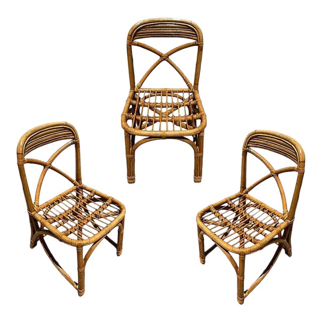 1950s Restored Mid-Century Rattan Dining Side Chairs With "X" Back- Set of 3 For Sale