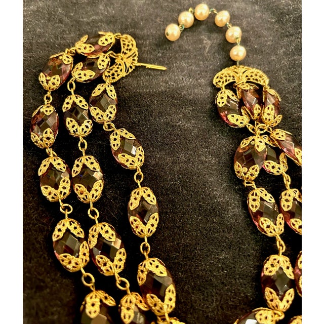 Miriam Haskell 1930s Miriam Haskell Triple Strand, Faceted, Amethyst-Colored Crystal Bead Necklace & Drop Earrings - 3 Pieces For Sale - Image 4 of 5
