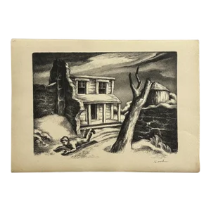 Richard Hood Antique Expressionist Winter Landscape Lithograph, Signed C. 1938/Soutine/Wpa Artist