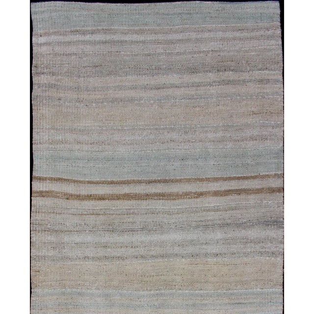 Contemporary Minimalist Striped Design Vintage Turkish Kilim Runner With Neutral Tones For Sale - Image 3 of 9
