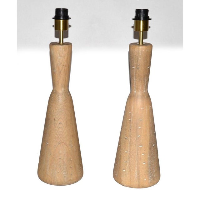 Taupe Vintage Natural Tapered Solid Wood Brass Table Lamps Mid-Century Modern, Pair For Sale - Image 8 of 18