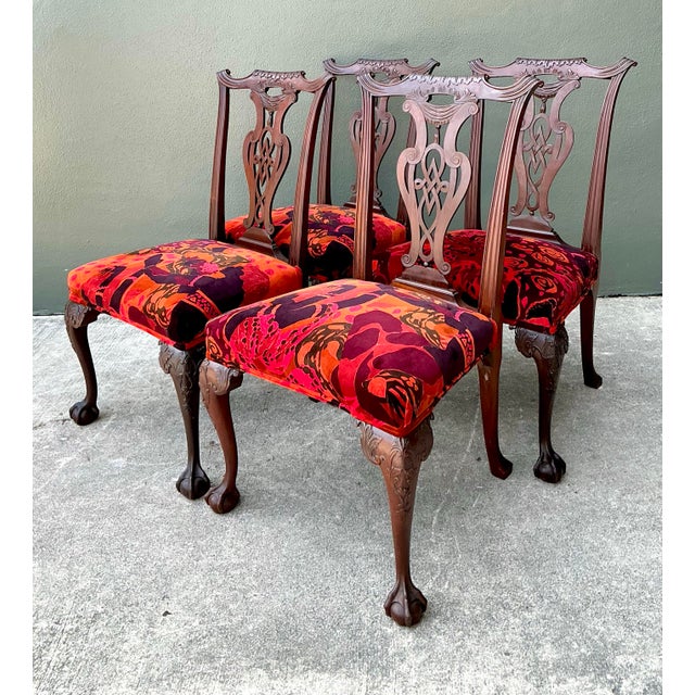 Mid 20th Century Vintage Hand Carved Chippendale Dining Chairs in 80s Yves St Laurent Printed Velvet - Set of 4 For Sale - Image 5 of 12