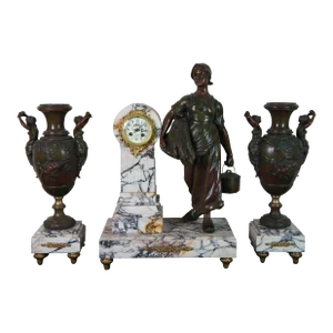 Antique 19th Century French Ad Mougin Gilt Bronze Mantel Garniture Clock & Urns - 3 Pieces