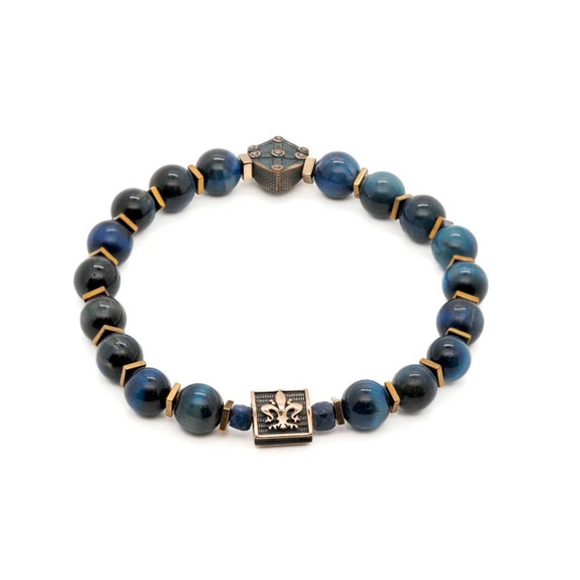 Blue Blue Tiger Eye Stone Shield Charm Beaded Bracelet For Sale - Image 8 of 8