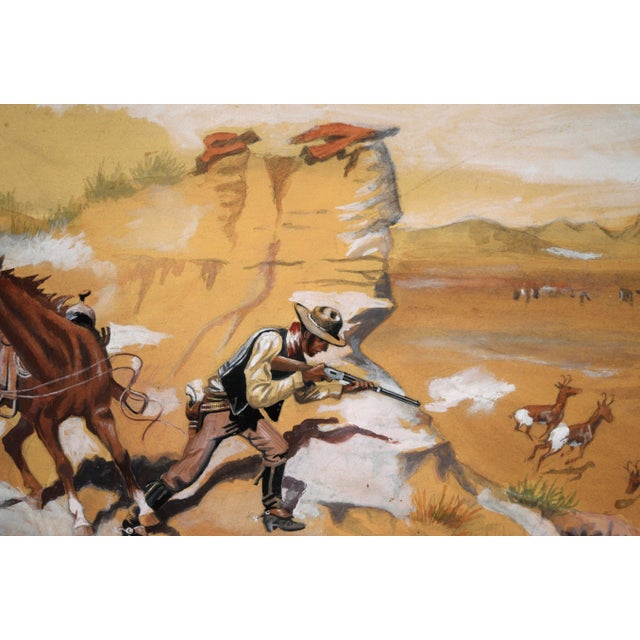 Cowboy Hunting Pronghorn Deer ("American Antelope") in Watercolor and Gouache by H. Rich For Sale - Image 4 of 9