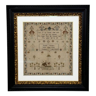 British 19th Century Stag Looking at Bee Tapestry Sampler by Rachel 1831 Oswestry National School For Sale