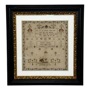 British 19th Century Stag Looking at Bee Tapestry Sampler by Rachel 1831 Oswestry National School