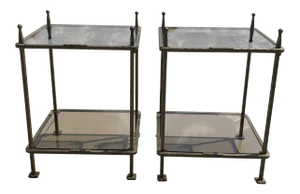 Italian Claudio Rayes Bronzed Iron Two Tiered Tables - a Pair