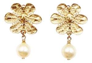 Chanel Gold CC Lace Flower Pearl Dangle Clip on Earrings, A Pair