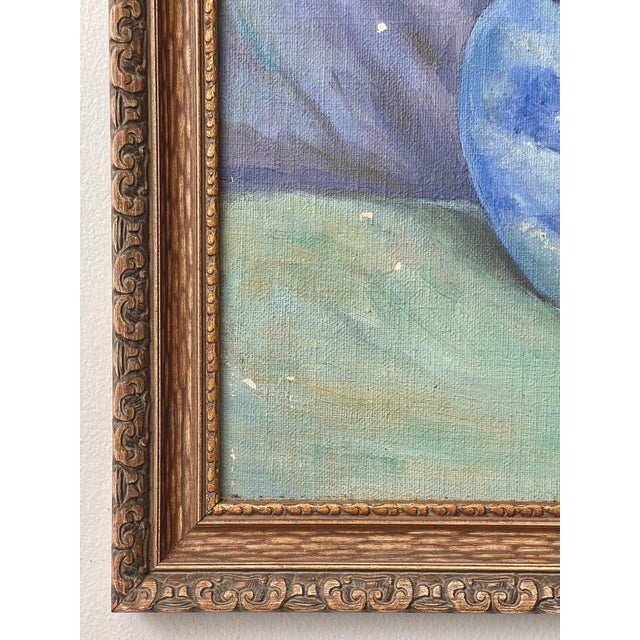 Wood Early 20th Century Oil Painting Colorful Still Life of Irises in a Blue Vase For Sale - Image 7 of 15