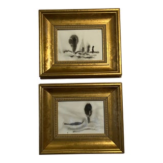Contemporary 2 Original Abstract Ink Paintings Chunky Gold Frames-a Pair For Sale