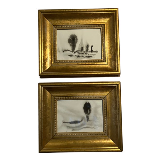 Contemporary 2 Original Abstract Ink Paintings Chunky Gold Frames-a Pair For Sale