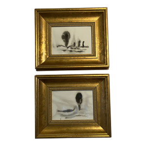 Contemporary 2 Original Abstract Ink Paintings Chunky Gold Frames-a Pair