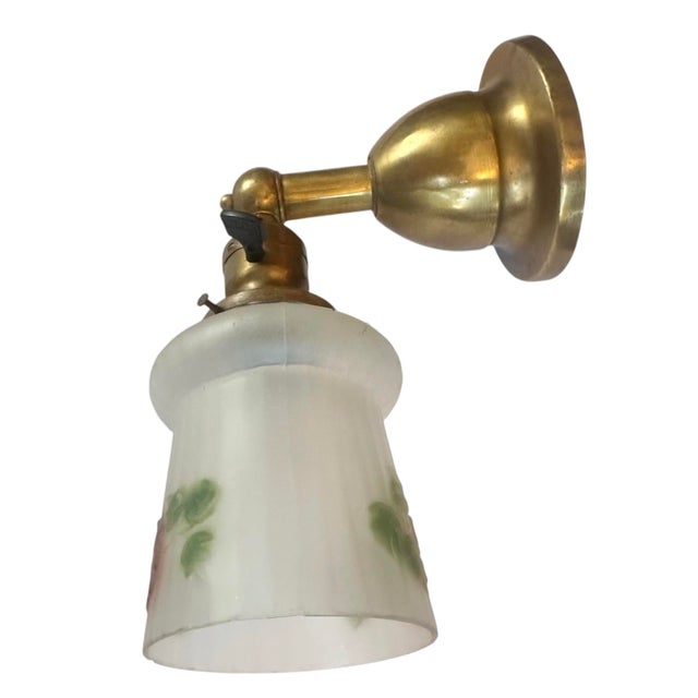 1920s Botanical Motif Glass Shaded Wall Sconce on Original Patina Brass Fixture For Sale - Image 4 of 5