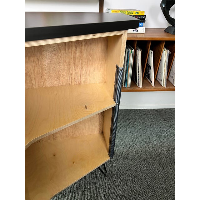 Wood Free Standing Large Boomerang Shaped Home Bar With Brushed Metal Accent For Sale - Image 7 of 10