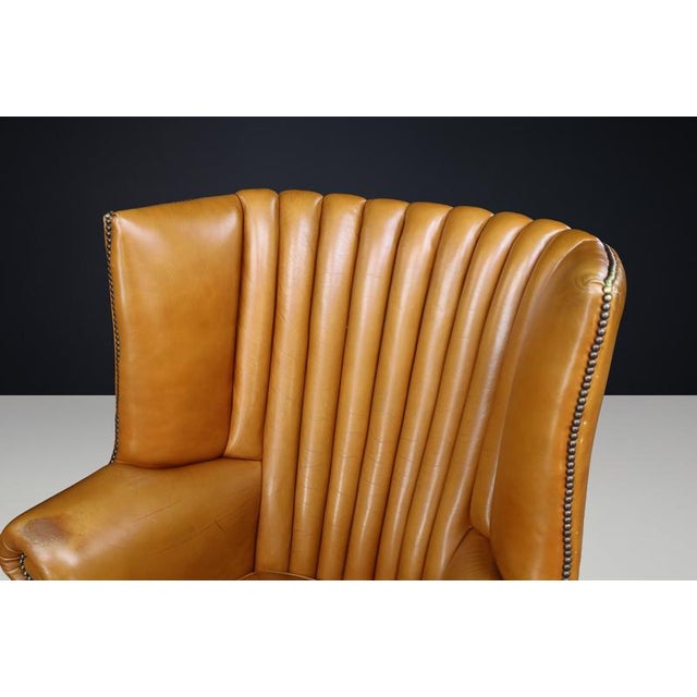 Sculptural Barrel-Back Wing Chair in Patinated Cognac Leather, 1870 For Sale - Image 6 of 14