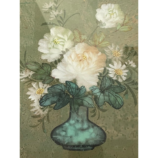 Green Gorgeous Pair of Chinese Floral Watercolors Signed Framed For Sale - Image 8 of 9