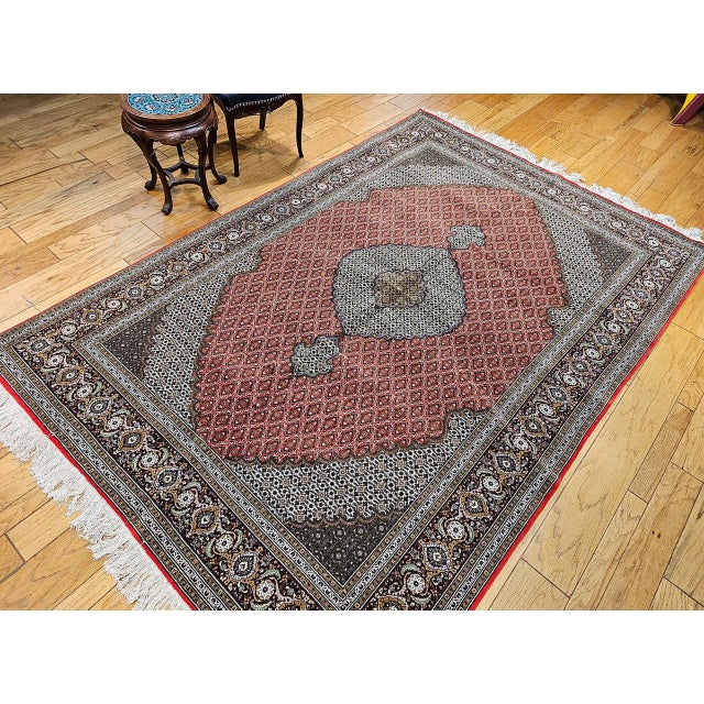Red Antique Persian Tabriz Mahi Rug, Hand-Knotted Wool & Silk, Herati Geometric Pattern, Red & Ivory, 7x10 For Sale - Image 8 of 17