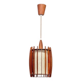 Mid-Century Pendant Lamp in Teak and Brass with Sculptural Lamella Shade, Denmark, 1950s-1960s For Sale