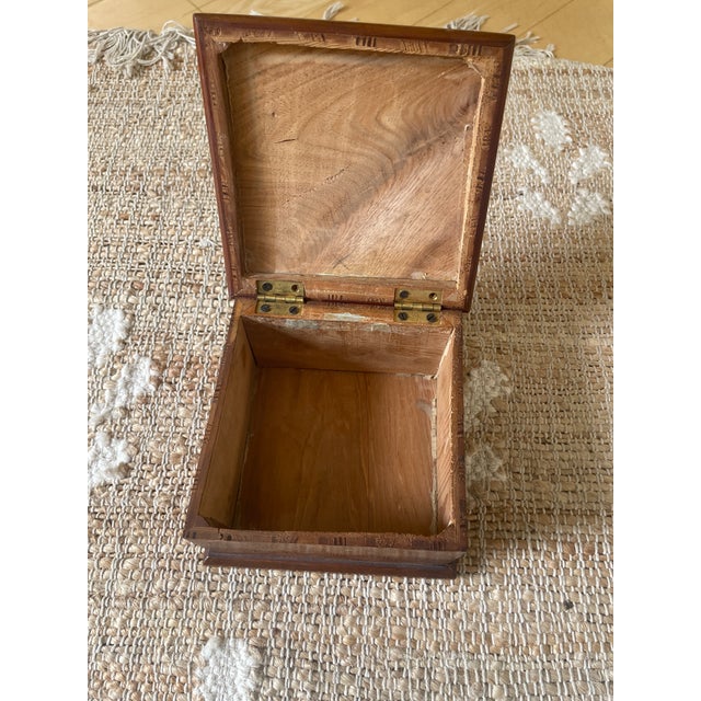 Rustic Vintage Wooden Square Wooden Trinket Dresser Box Geometric Parquetry Marquetry For Sale - Image 3 of 9