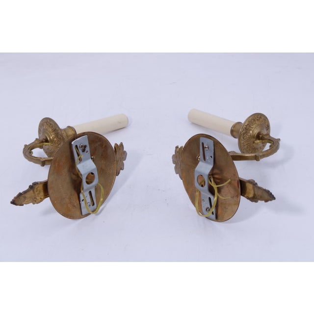 1950s Pair of Antique French Style Brass Electrified Wall Sconces For Sale - Image 5 of 12