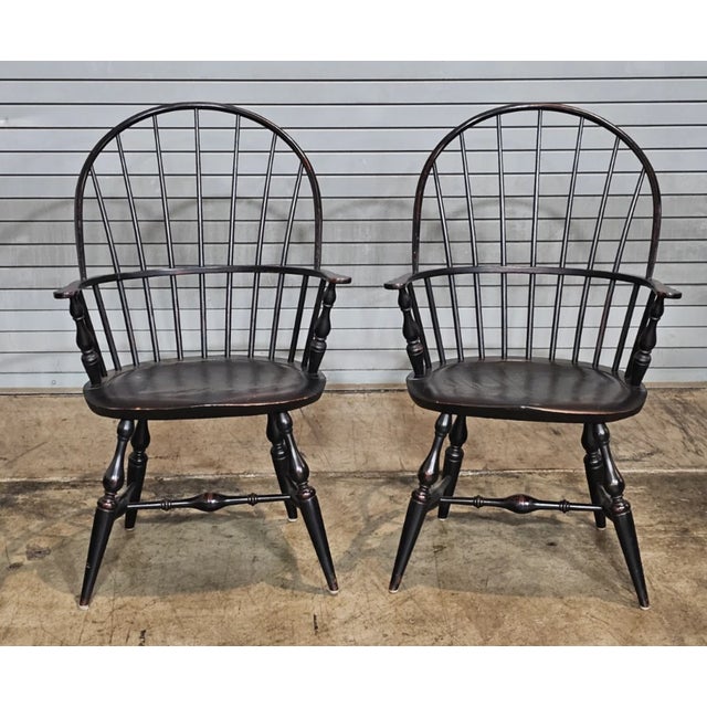 Store Item: Pair of Warren Chair Works Sack Back Windsor Arm Chairs Bench Made Black Finish Description: Each Chair has a...