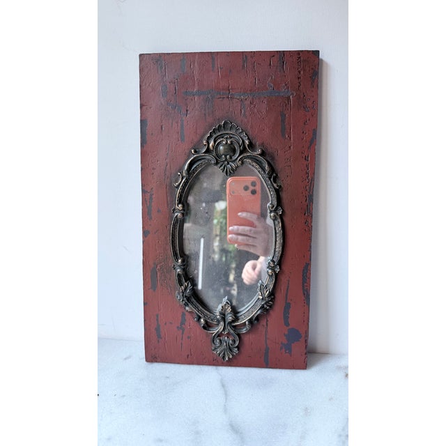 Vintage Red Distressed Wall Mirror With Ornate Frame For Sale - Image 9 of 10