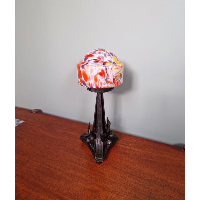Art Deco Wrought Iron Table Lamp with Opaline Mushroom Globe, 1920s For Sale - Image 10 of 14