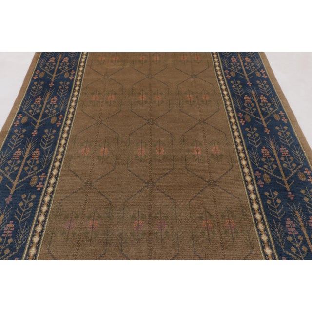 Rug & Kilim Vintage Swedish "Flossa" Rug, Tobacco Brown & Navy Botanical Border - Rug & Kilim For Sale - Image 4 of 10