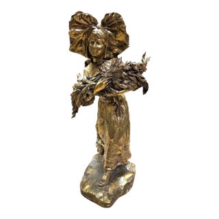 Early 20th Century Charlotte Monginot Girl W Flowers Bronze Sculpture For Sale