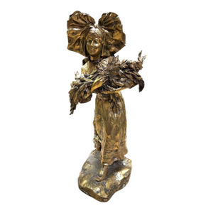 Early 20th Century Charlotte Monginot Girl W Flowers Bronze Sculpture