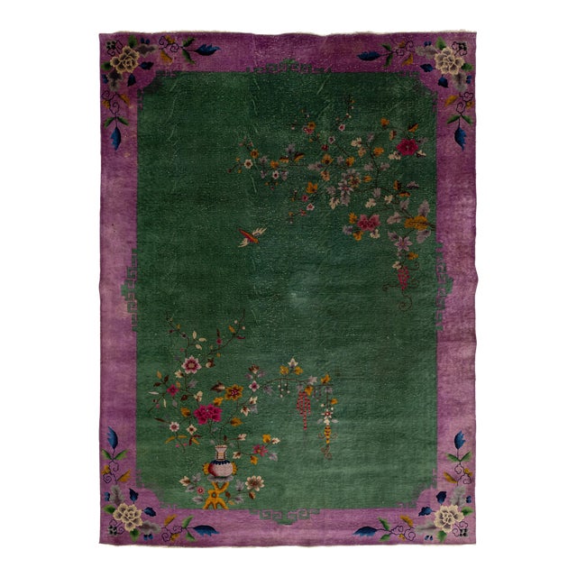 Green Chinese Art Deco Wool Rug Antique Handmade Designed With Floral Pattern For Sale