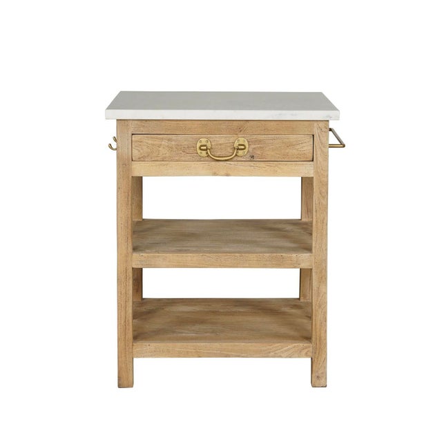 Rustic European Matthew Izzo Home Cocina Bleached Mango Wood and Banswara Marble Top Kitchen Island Work Table For Sale - Image 3 of 4