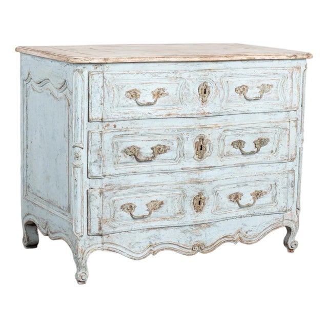 19th Century Swedish Rococo Three-Drawer Chest in Blue Painted Finish For Sale