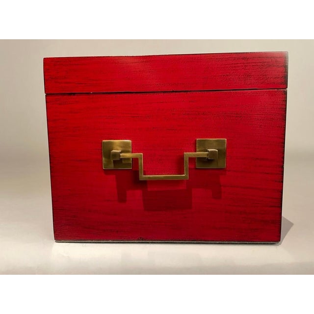 Metal Chinese Red Lacquered Box With Brass Mounts, Mid 20th Century For Sale - Image 7 of 12