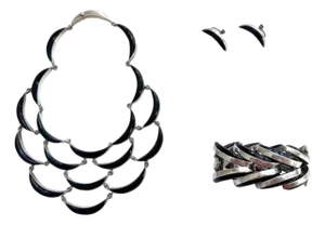 Mid 20th Century Mexican Modernist Silver Obsidian Four-piece Jewelry Suite Taxco Antonio Pineda