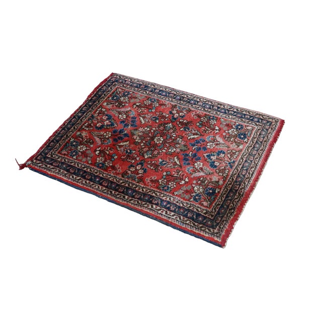 Traditional Vintage Hand-Knotted Oriental Wool Scatter Rug Mat Red Indigo Vase 2x2' For Sale - Image 3 of 12