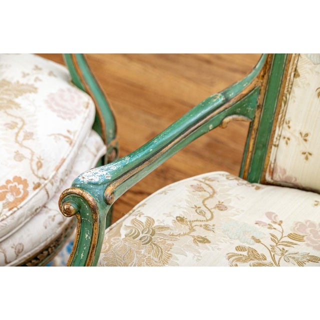 Extraordinary Pair of Antique French Louis XVI Style Painted Armchairs For Sale - Image 12 of 13