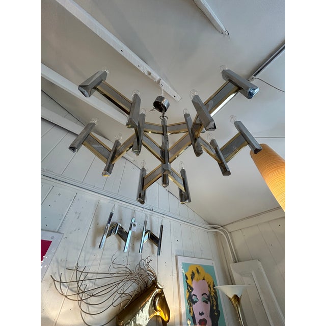 Metal Midcentury Modern Brass & Chrome Italian Designer Sciolari Chandelier For Sale - Image 7 of 12