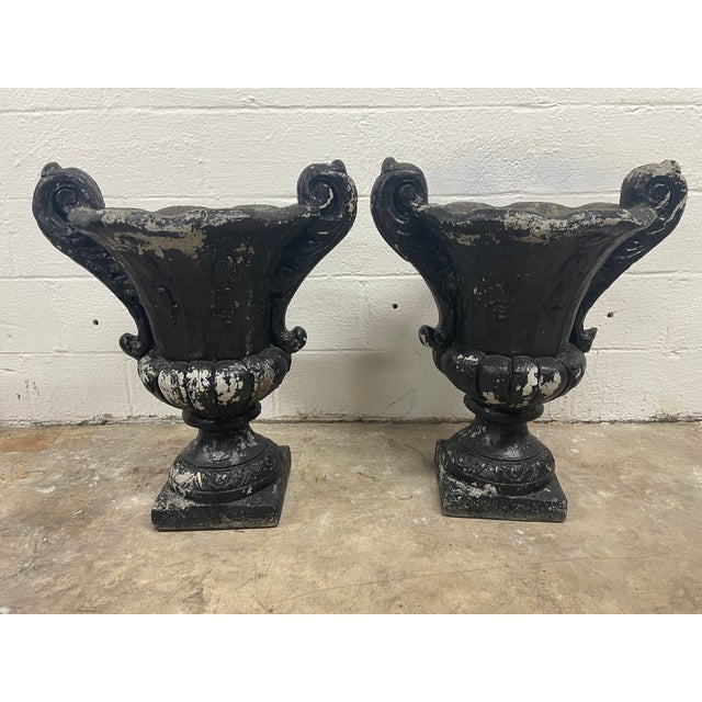 A commanding pair of mid-century cast stone (concrete) garden urns in the traditional Campana style. Rescued from a...