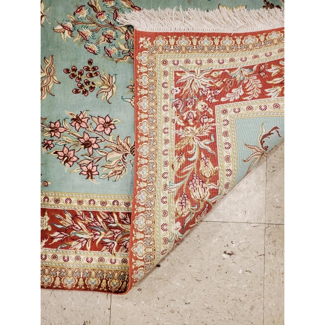 Sky Blue Rare Finely Woven Persian Silk Qum, Handmade Oriental Rug, Sky Blue and Red For Sale - Image 8 of 13
