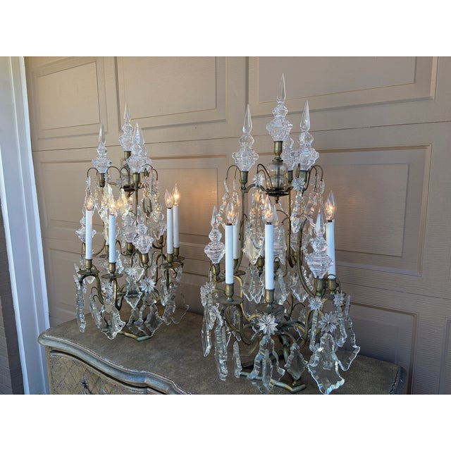 Metal Early 20th Century French Brass & Crystal Six-Light Girandole Lamps - Pair For Sale - Image 7 of 17