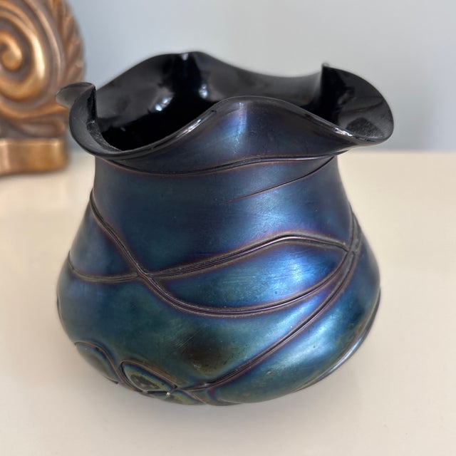 Beautiful dark blue iridescent Pallme-Konig & Habel bohemian art glass circa 1900. Almost metallic in nature the vase has...