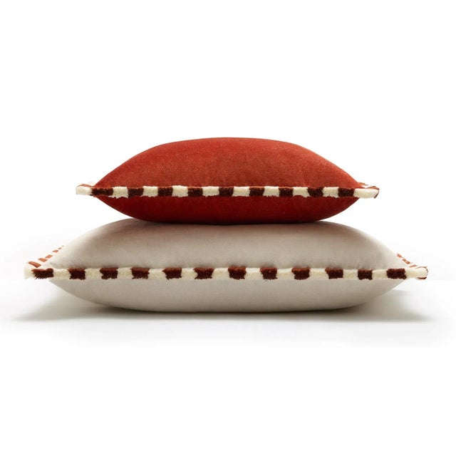 Contemporary Bicolor White Velvet Cushion with Brick and White Fringes from Lo Decor For Sale - Image 3 of 9