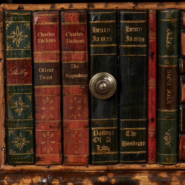 Late 18th Century Antique English Bamboo Leather Top Faux Book Chest of Drawers For Sale - Image 5 of 18